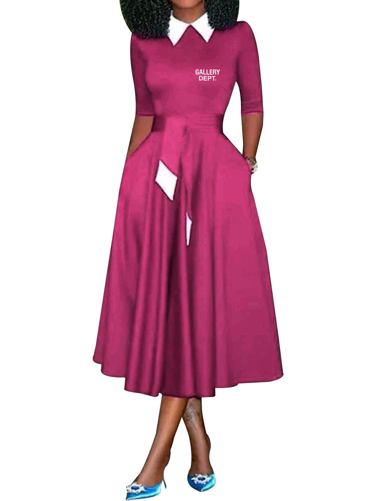 Vestido largo evasé elegante con cuello camisero
