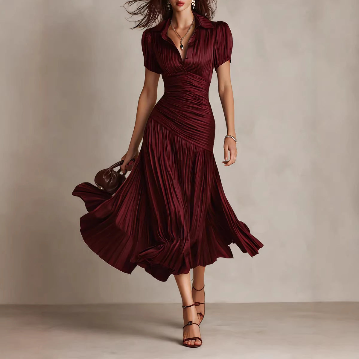 Vestido midi a rayas con cuello camisero