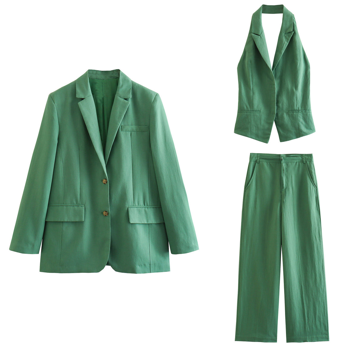 Conjunto de lino de chaqueta, top halter y pantalón