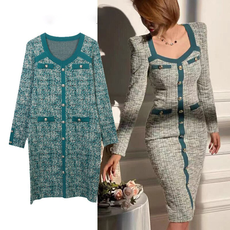 Vestido midi de punto con escote cuadrado y botones