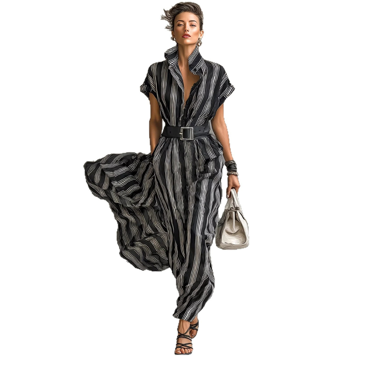 Vestido camisero midi a rayas de manga corta