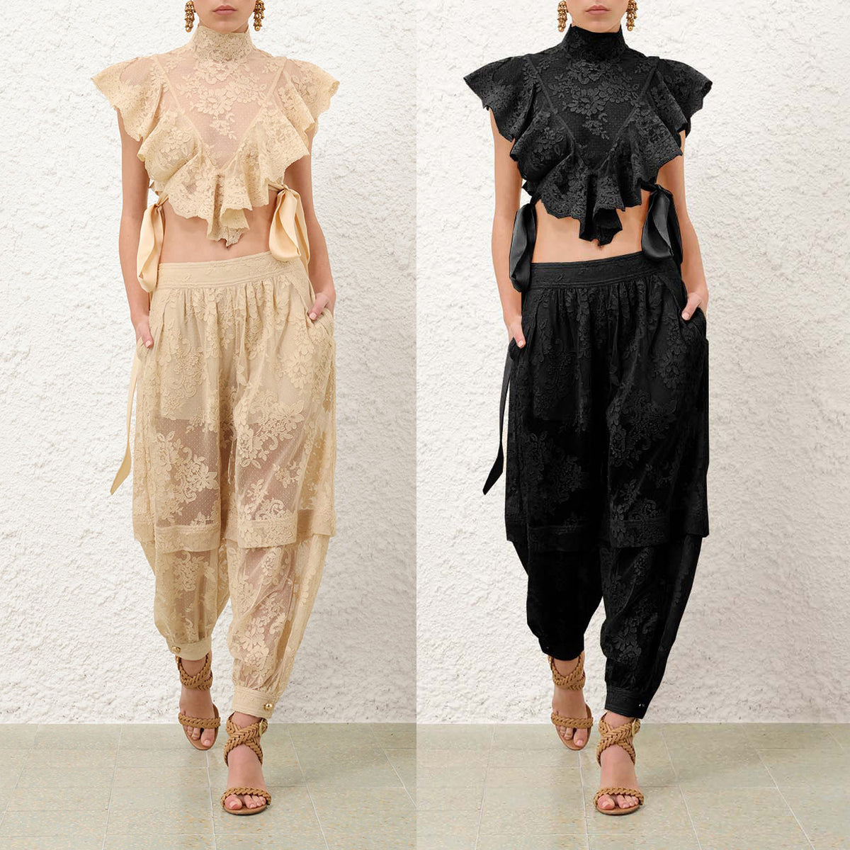 Conjunto sin mangas con top anudado y pantalón holgado