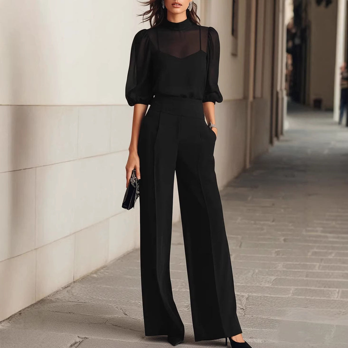 Conjunto elegante de tres piezas con pantalón ancho