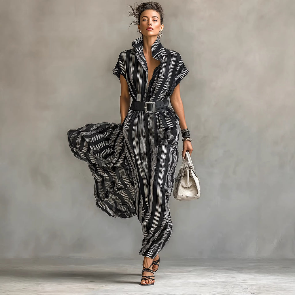 Vestido camisero midi a rayas de manga corta
