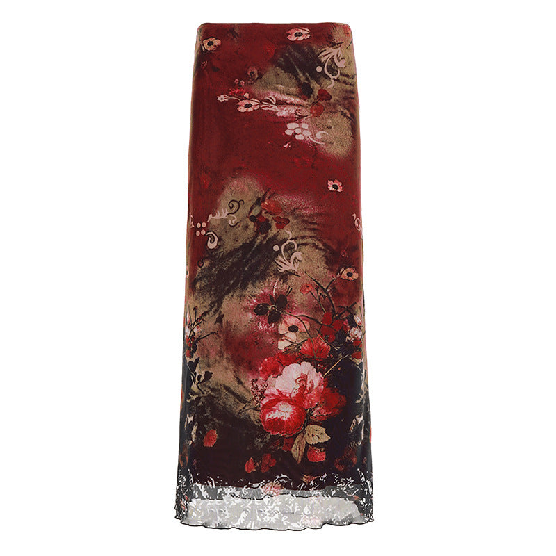 Falda midi roja de cintura alta con estampado floral