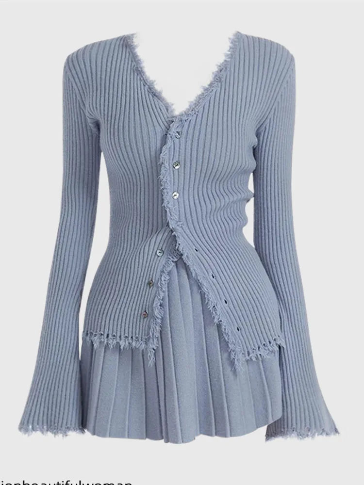 Conjunto vintage de cárdigan con flecos y minifalda plisada