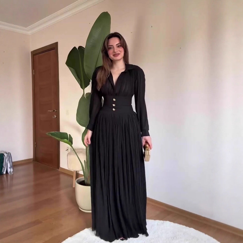 Vestido largo camisero de manga larga con cintura entallada
