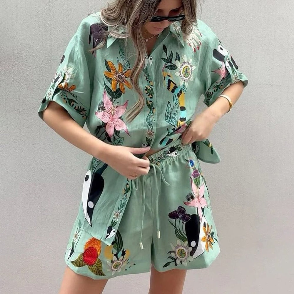 Conjunto de verano estampado de camisa y pantalón corto