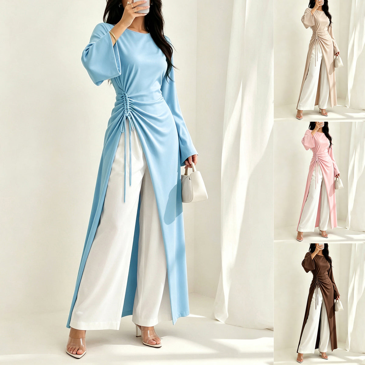 Vestido largo elegante con cintura fruncida, manga acampanada y abertura