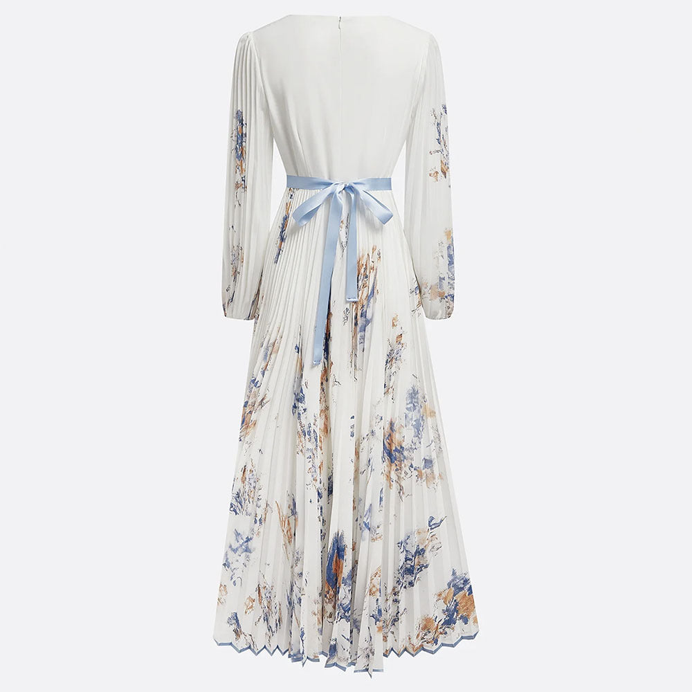 Vestido largo floral de manga larga con escote en V