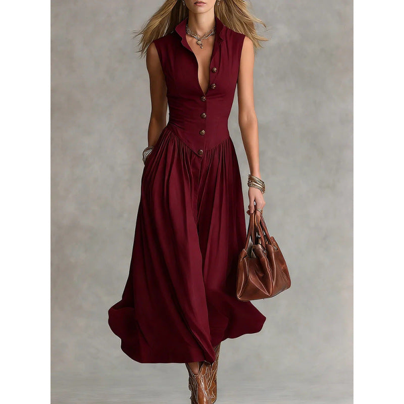 Vestido largo de estilo francés sin mangas con cuello camisero