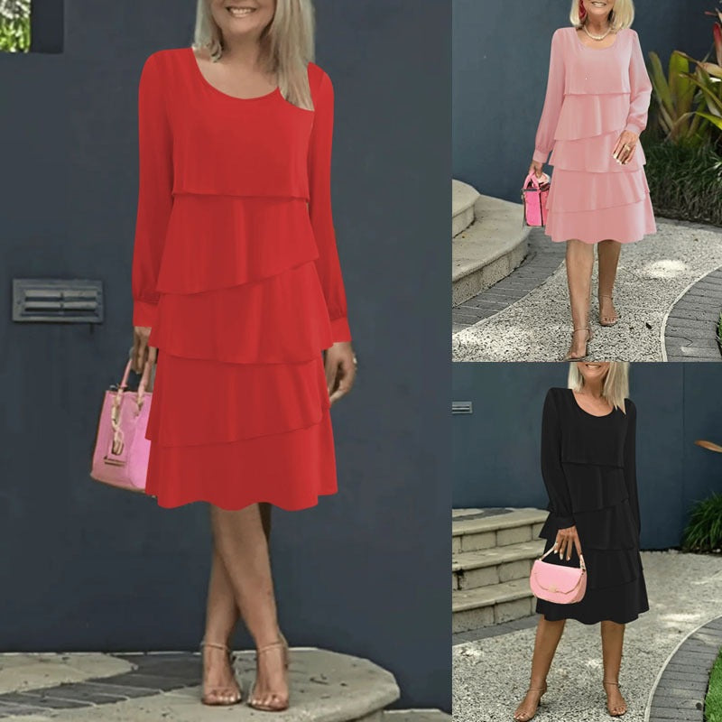 Vestido midi de gasa con falda plisada y manga larga