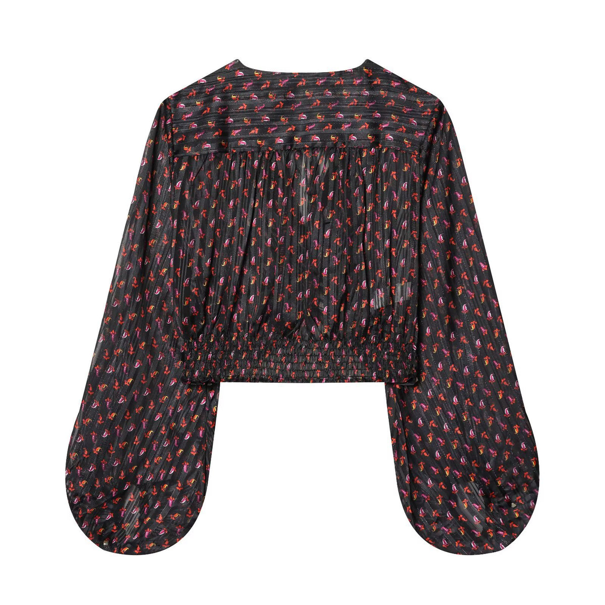 Top estampado de manga larga con escote en V y lazada
