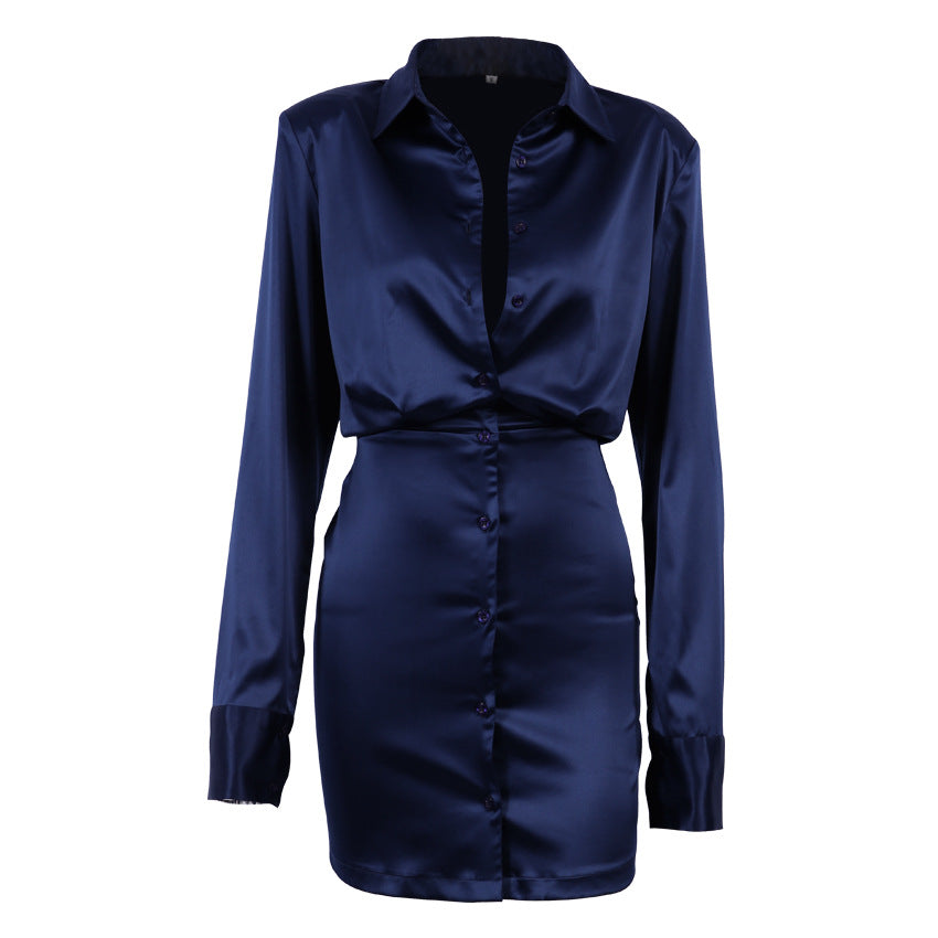 Vestido camisero azul de manga larga y cintura alta