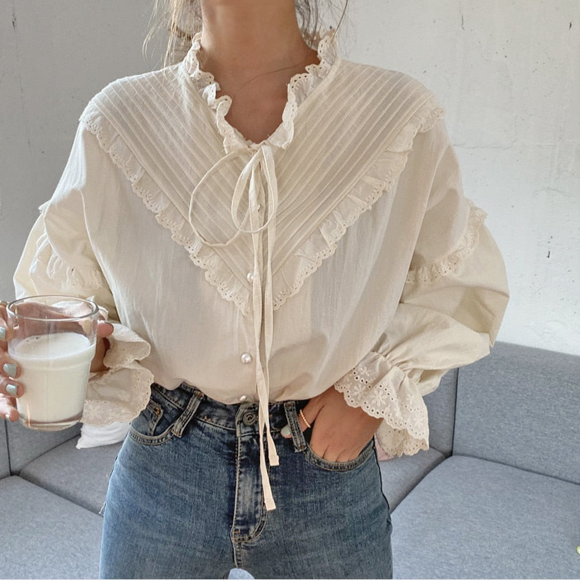 Blusa vintage calada de manga larga y corte holgado