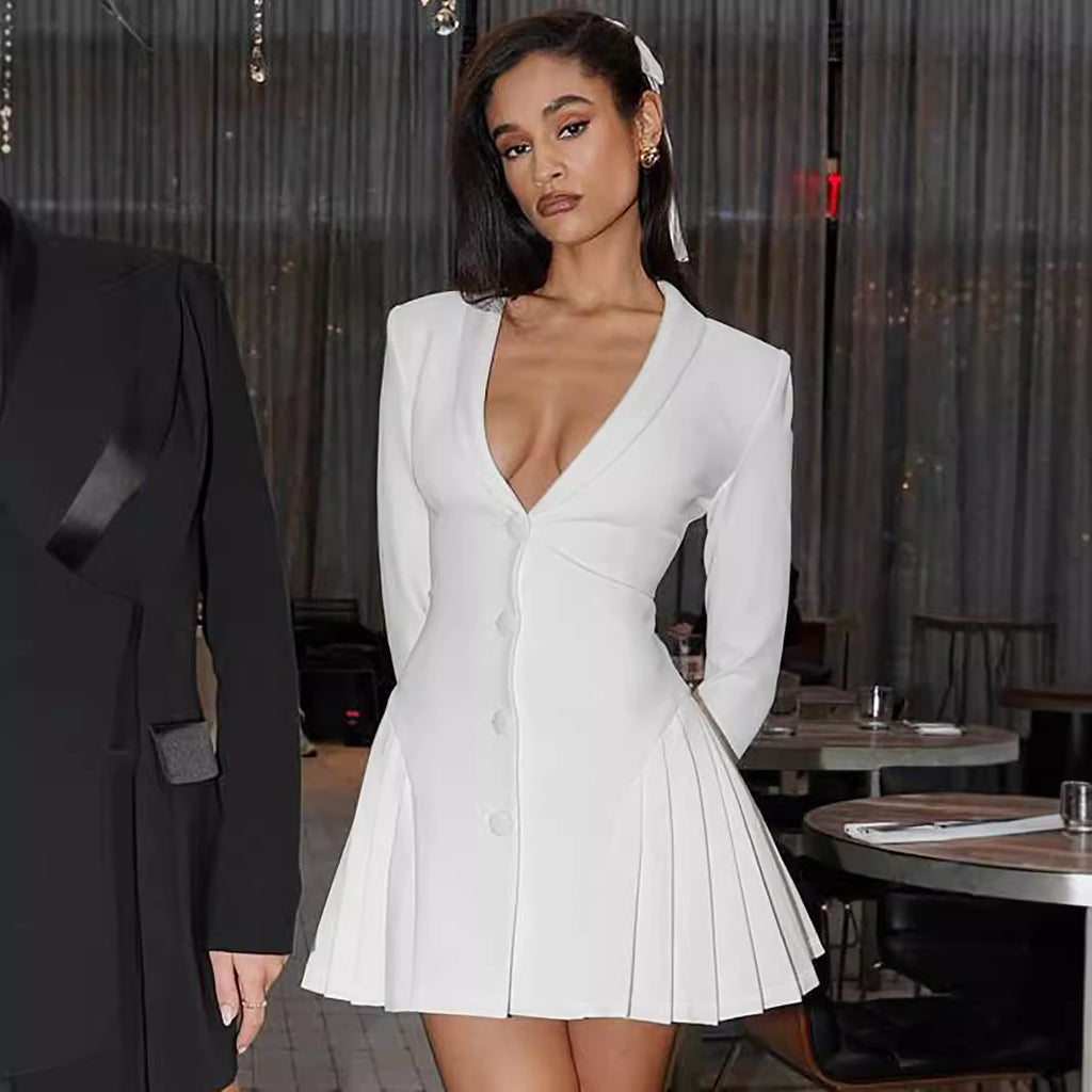 Vestido blazer corto de manga larga con escote profundo en V
