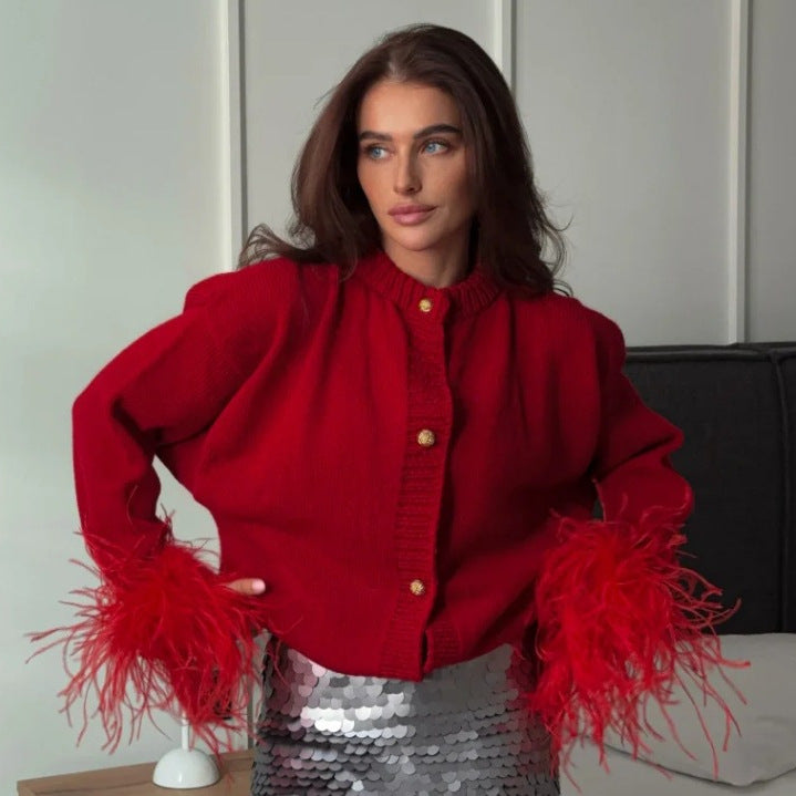 Cárdigan de punto con plumas y manga larga