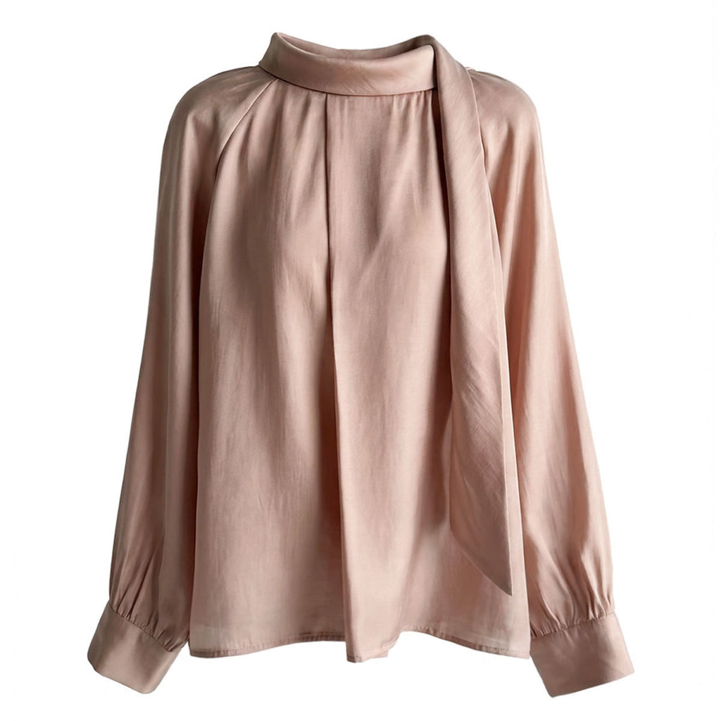 Blusa elegante de manga larga con cuello alto y lazo