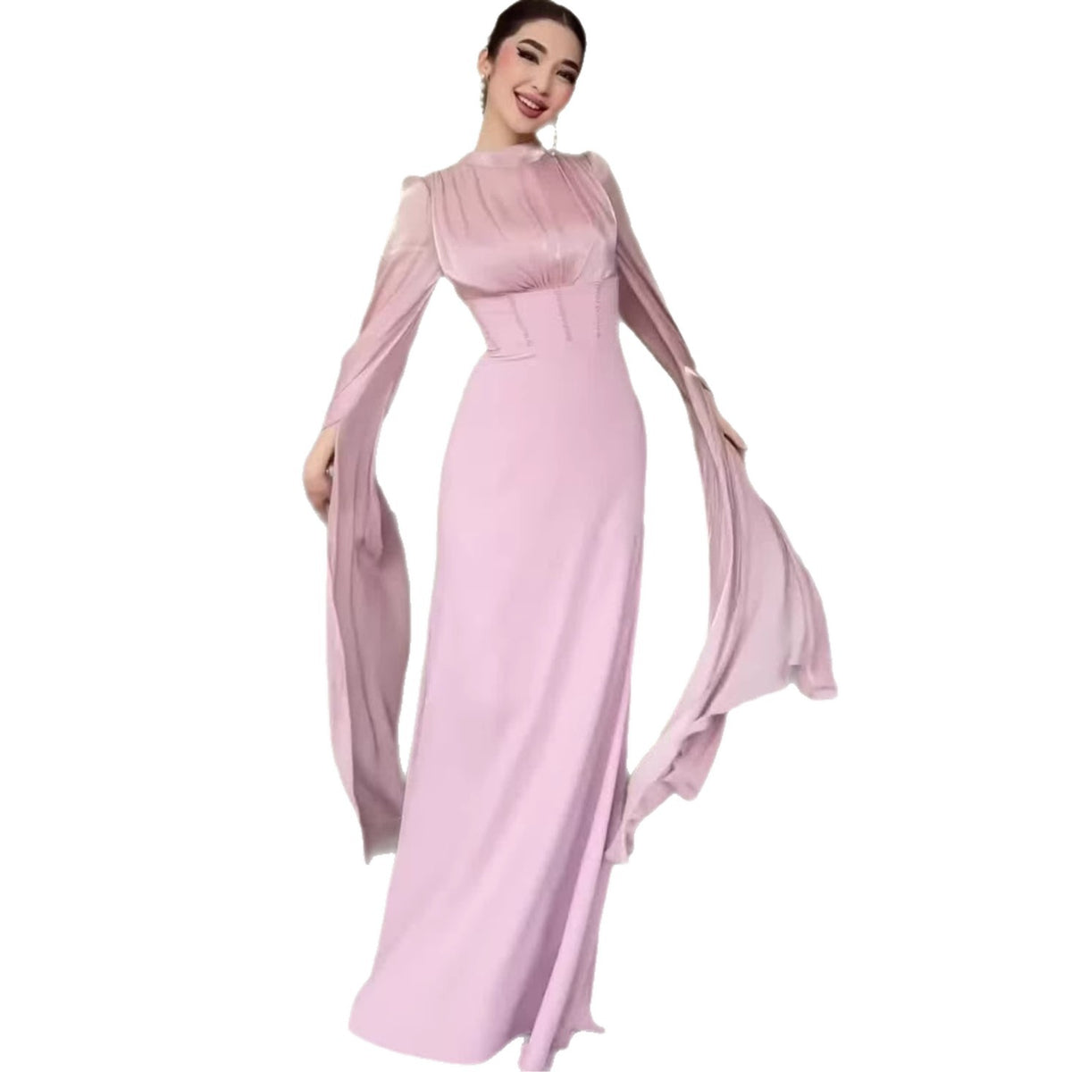 Vestido largo fluido de manga acampanada y cuello semialto
