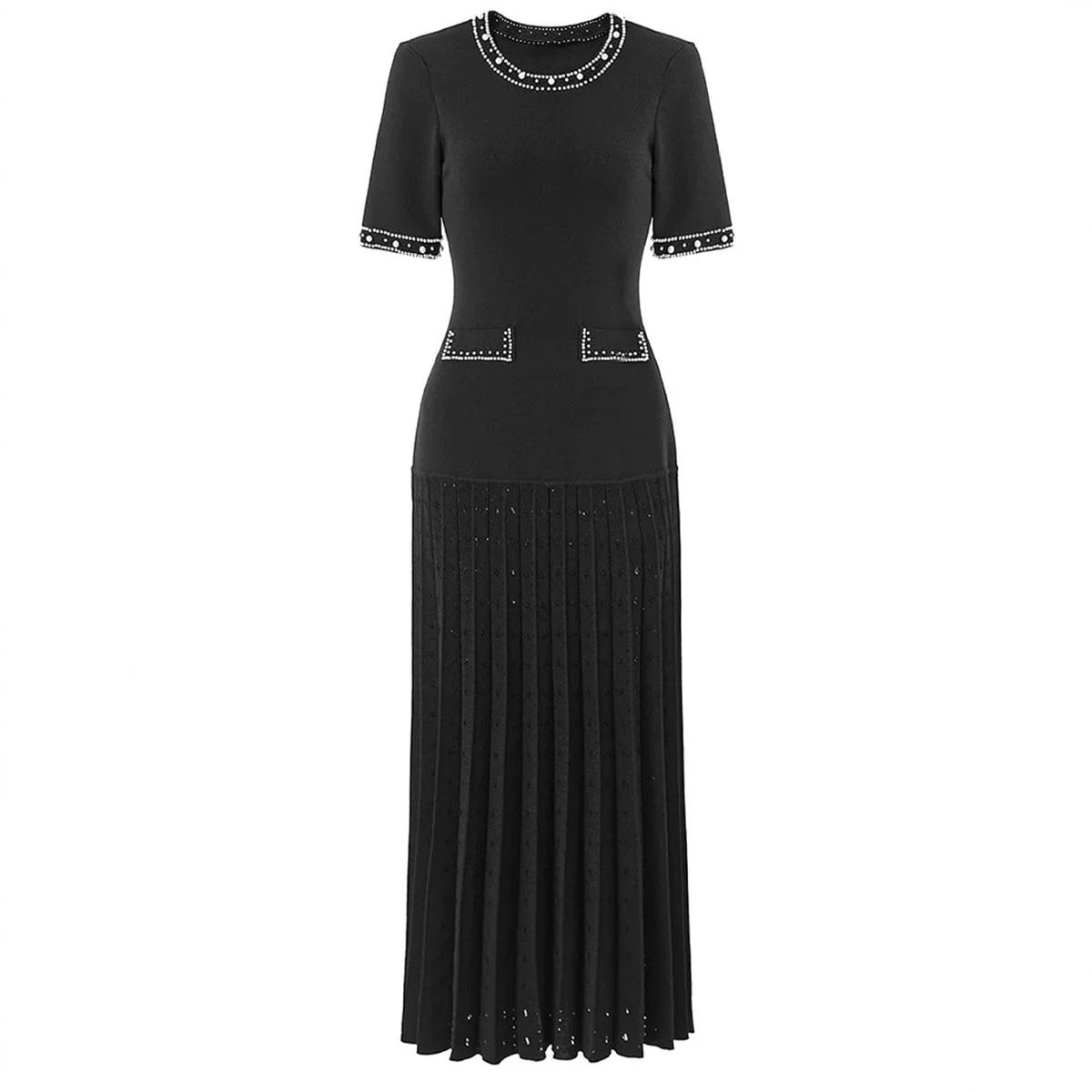 Vestido midi de punto con perlas y detalles calados