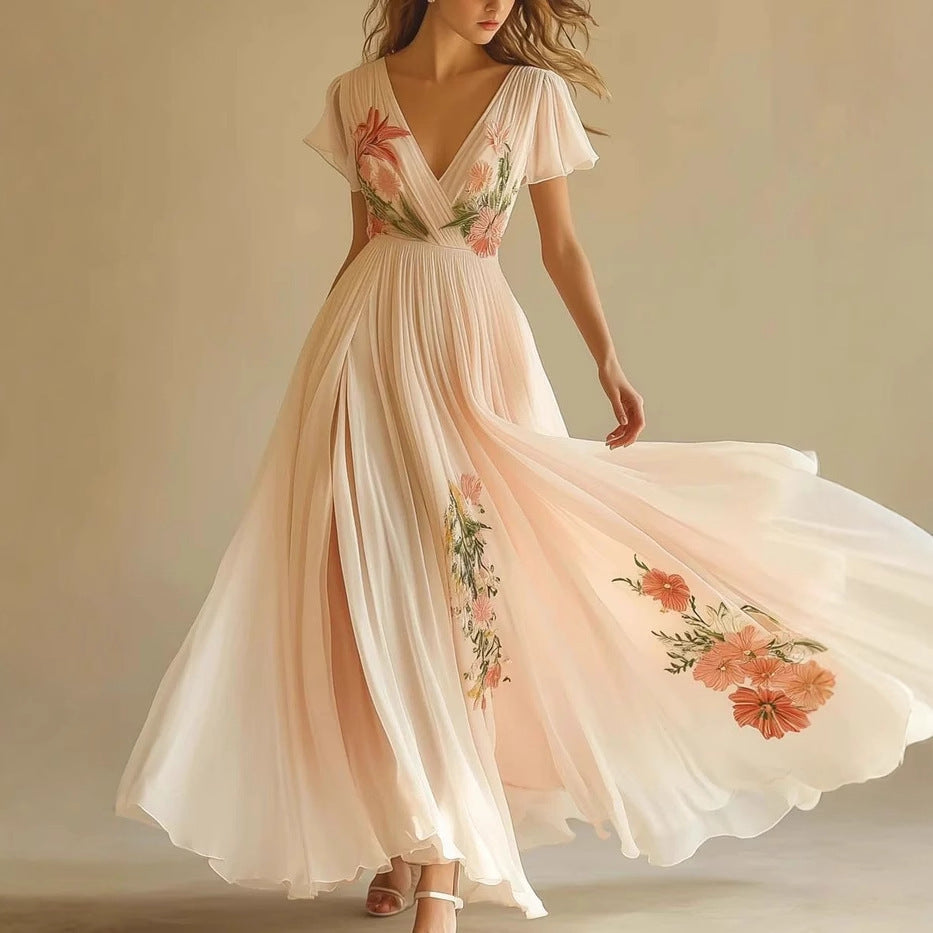 Vestido largo estampado de gasa con manga larga y escote en V