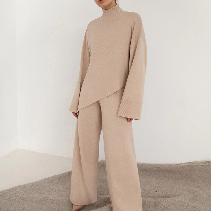 Conjunto elegante de jersey de cuello alto y pantalón ancho