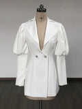 Vestido blanco con escote en V, botones y manga abullonada