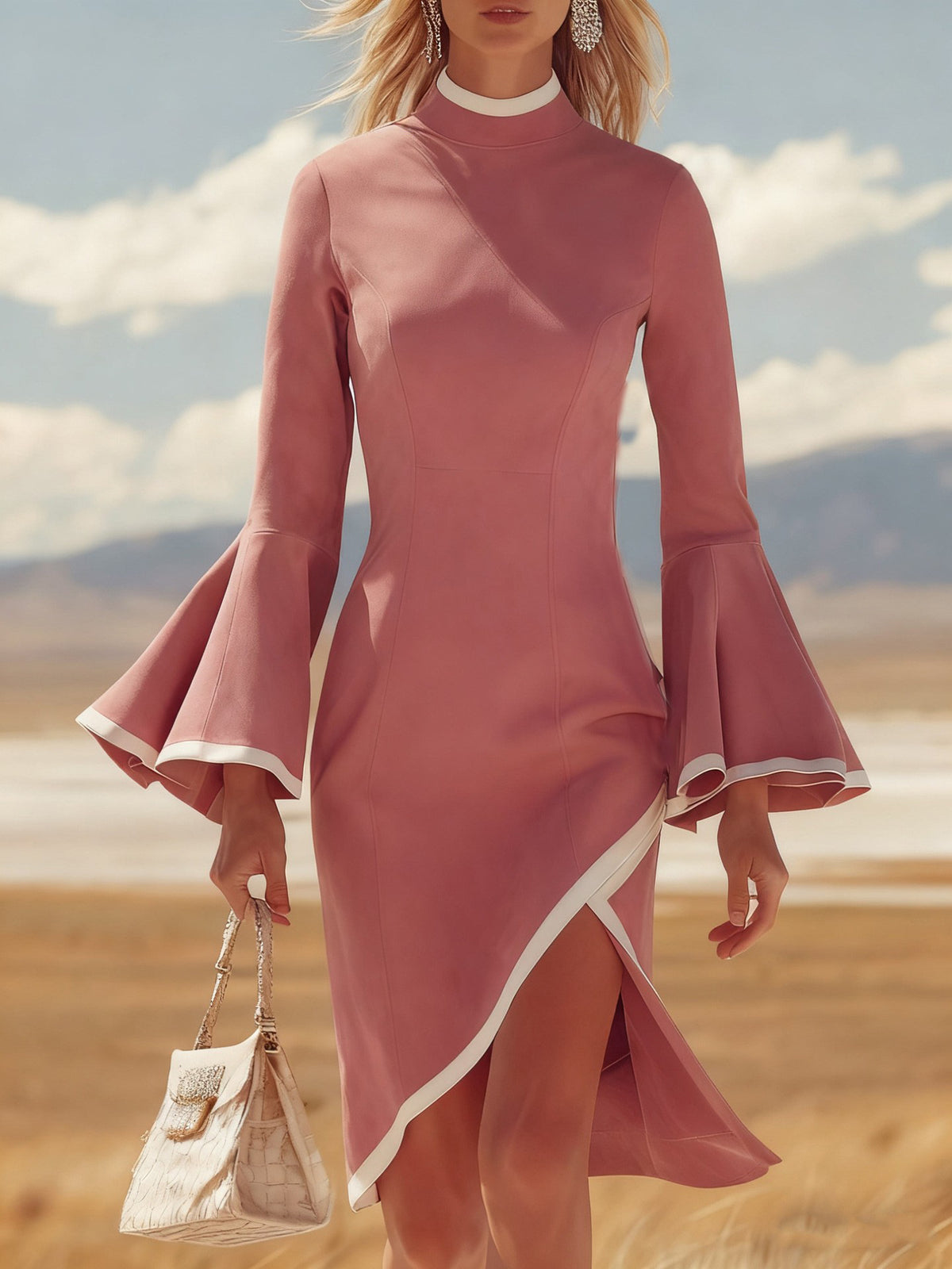 Vestido midi efecto ante con ribetes blancos y manga acampanada