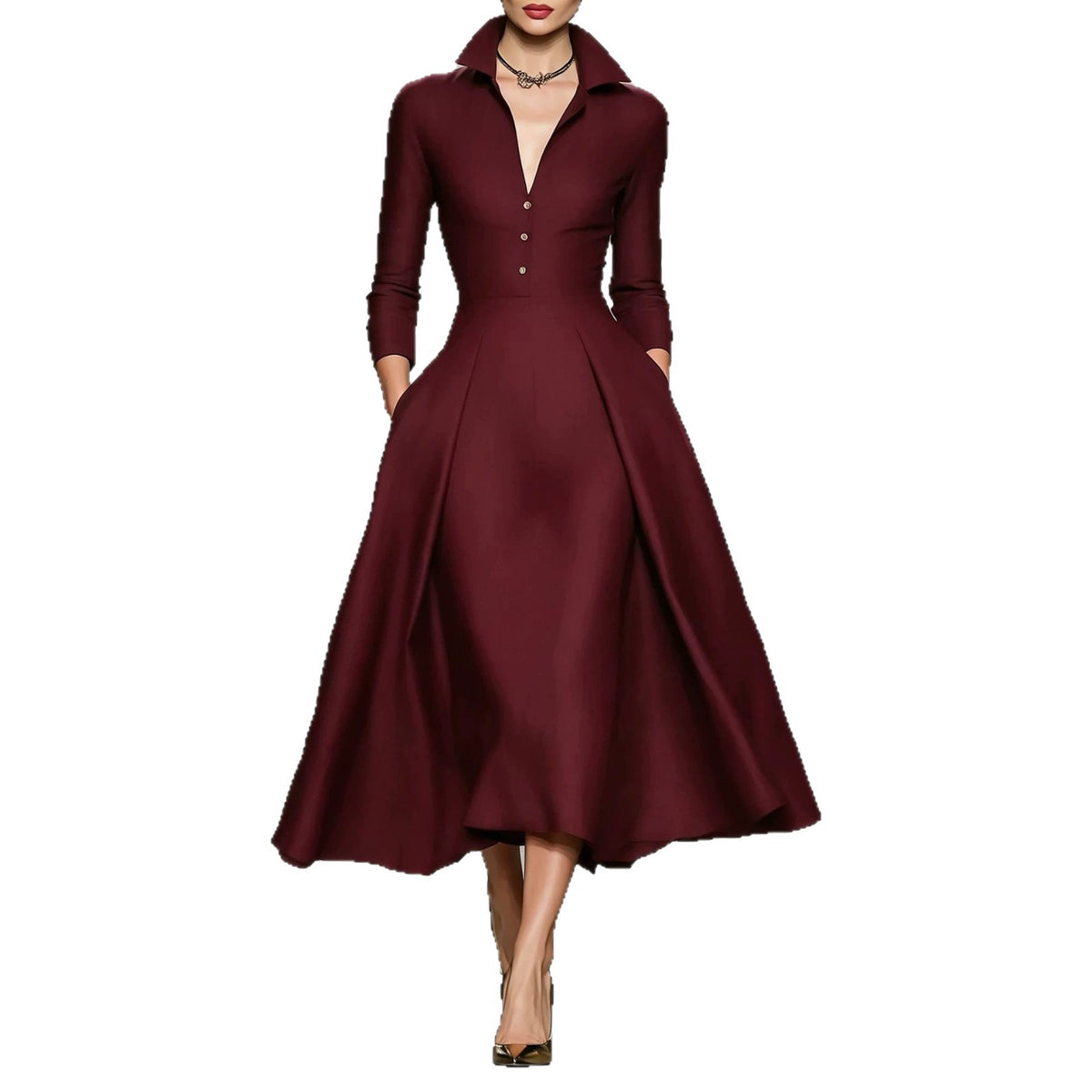 Vestido de manga larga con escote en V y cintura entallada