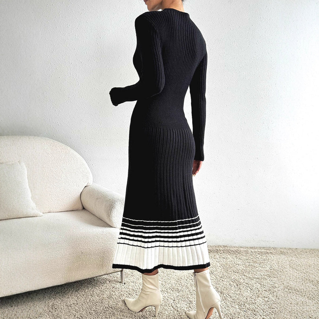 Vestido de punto a rayas blanco y negro de manga larga