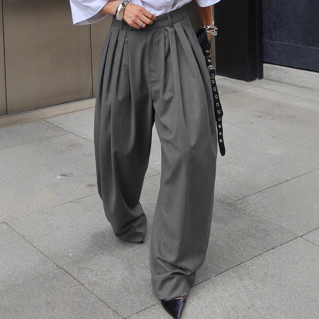 Pantalón de traje gris plisado de pierna ancha