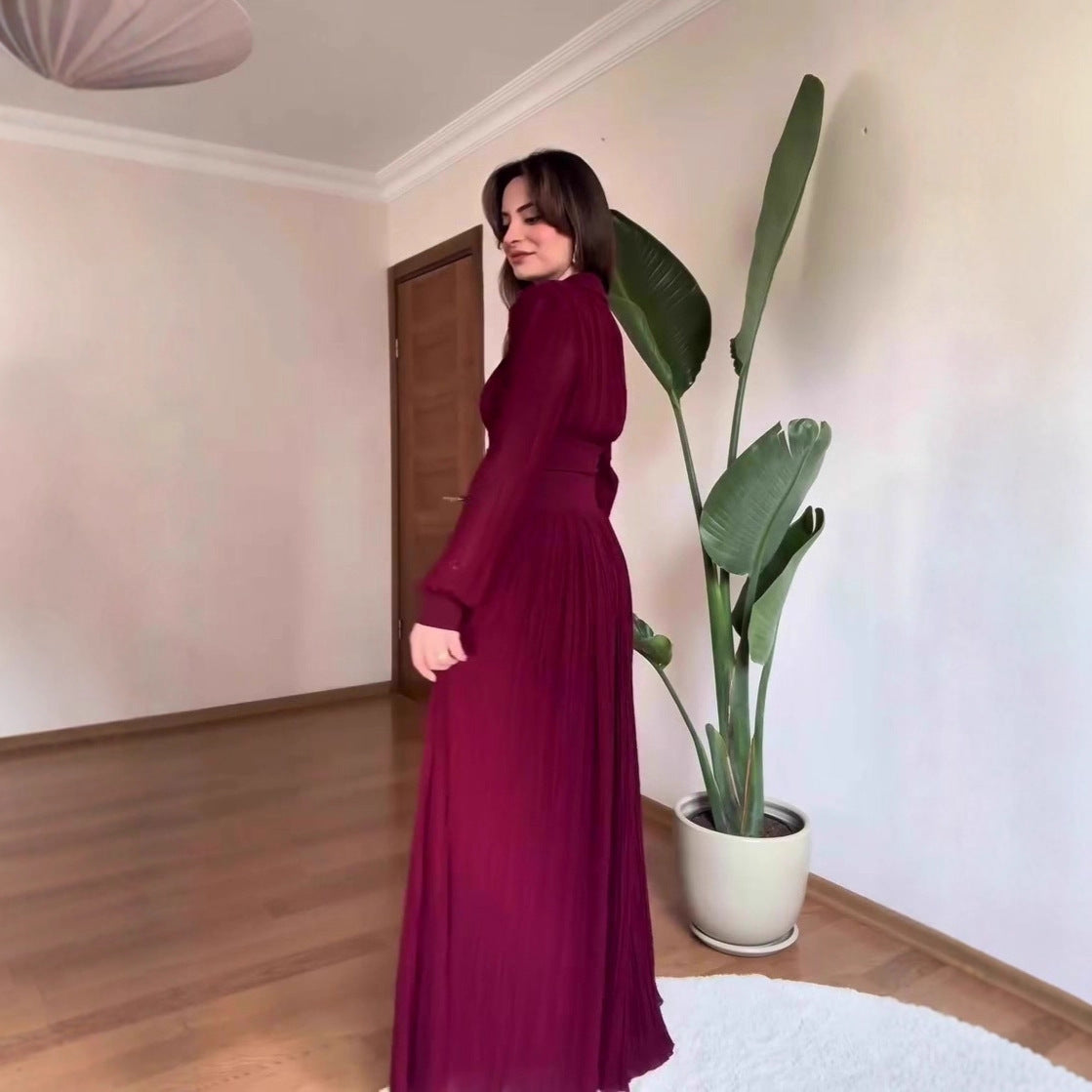 Vestido largo camisero de manga larga con cintura entallada