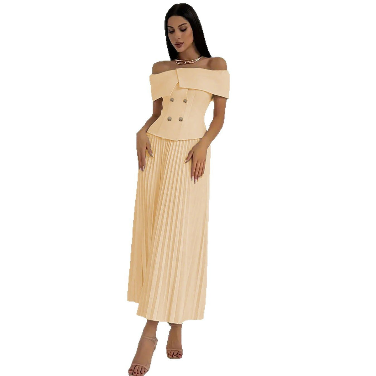 Conjunto elegante con top de hombros descubiertos y falda plisada