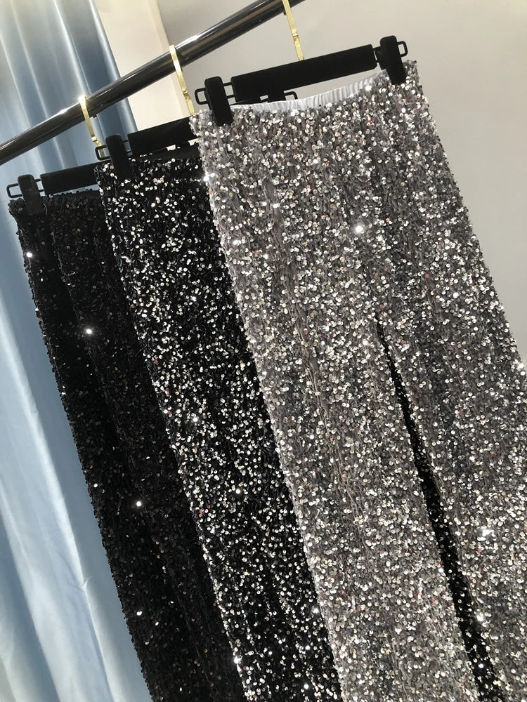 Pantalón brillante de cintura alta y pierna ancha