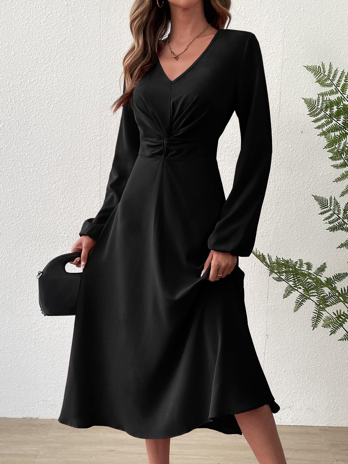 Vestido midi de estilo francés con escote en V y cintura alta