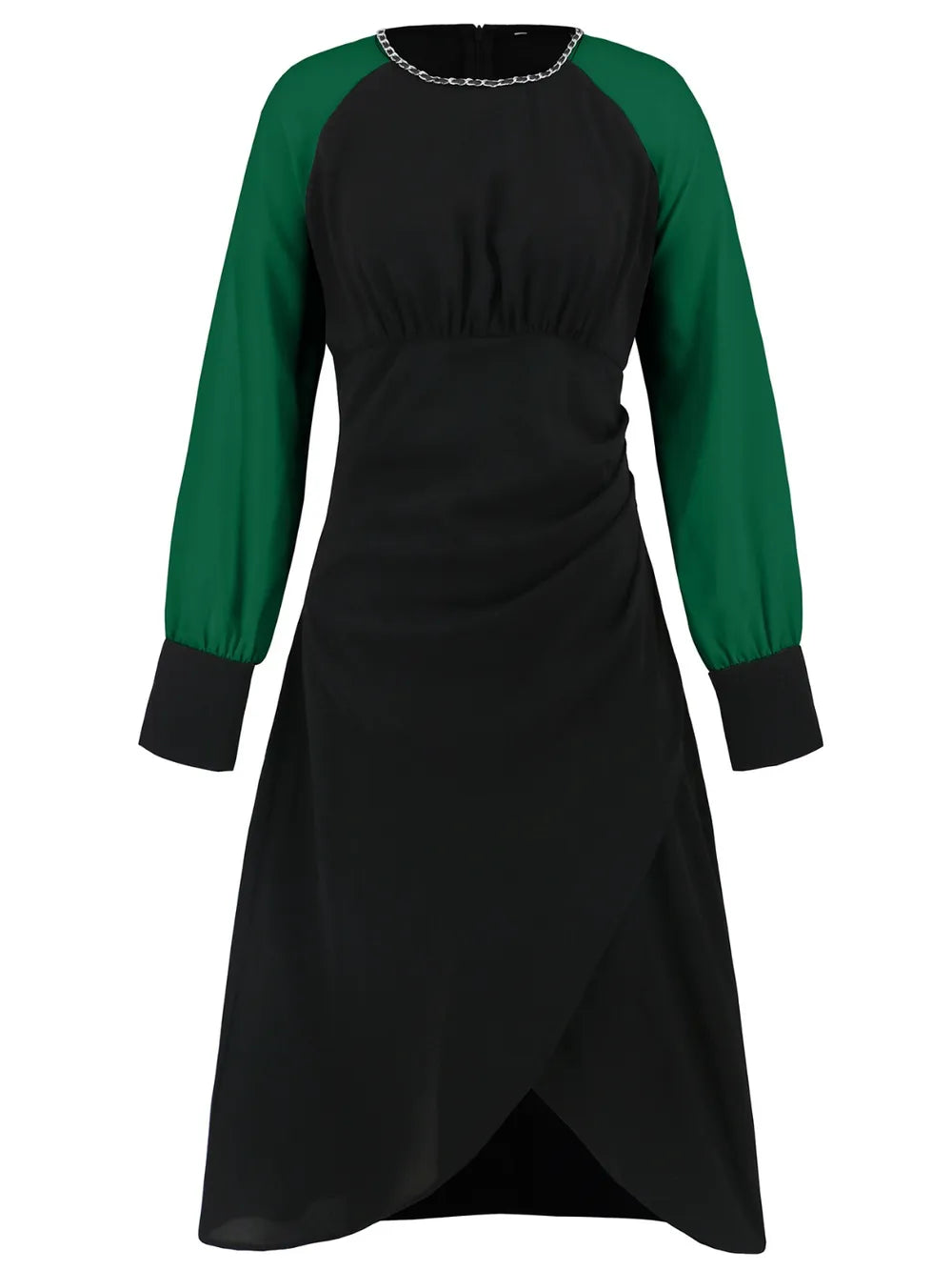 Vestido midi fruncido de manga larga con contraste