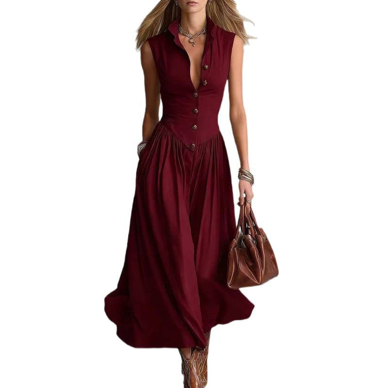 Vestido largo de estilo francés sin mangas con cuello camisero