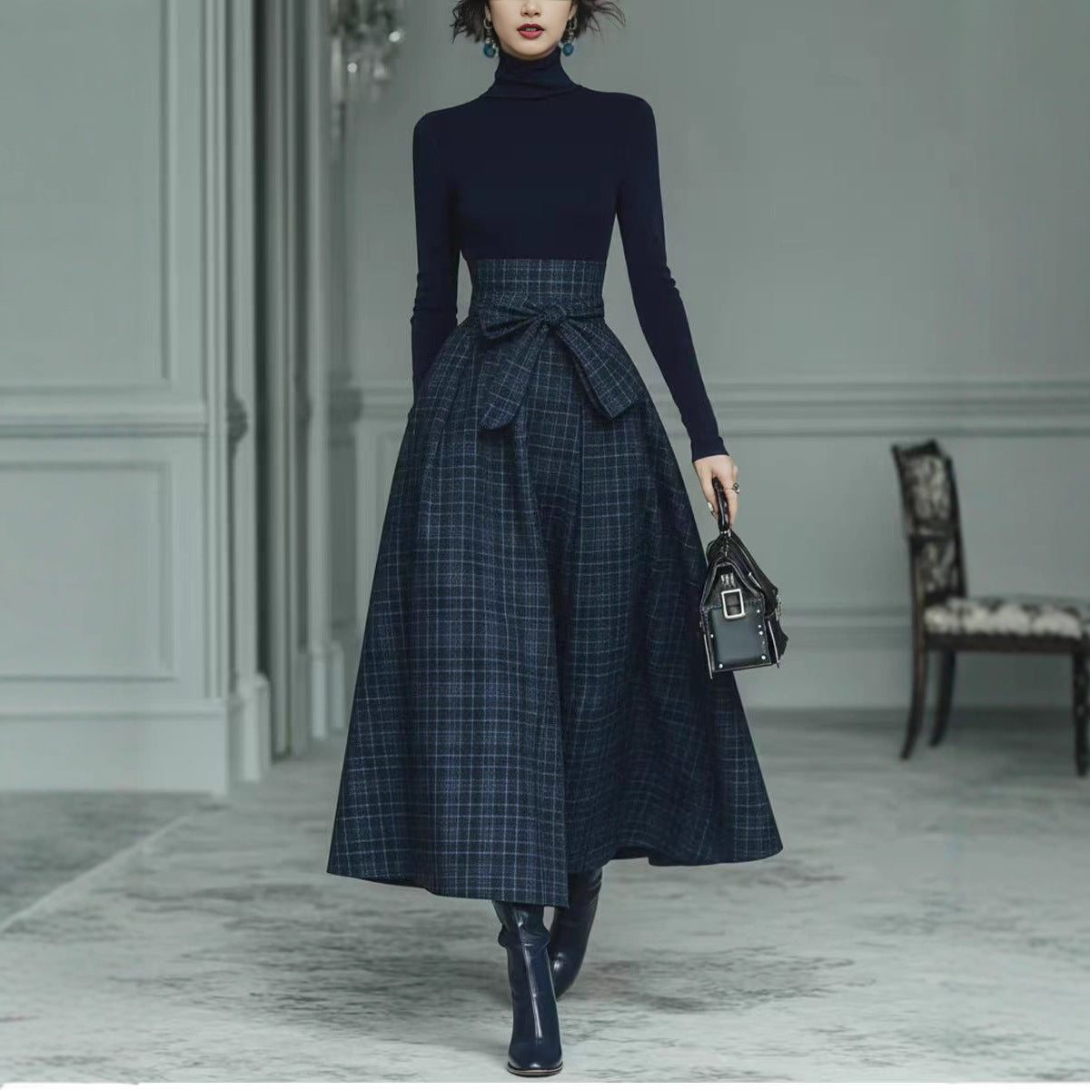 Vestido largo francés de punto con escote en V
