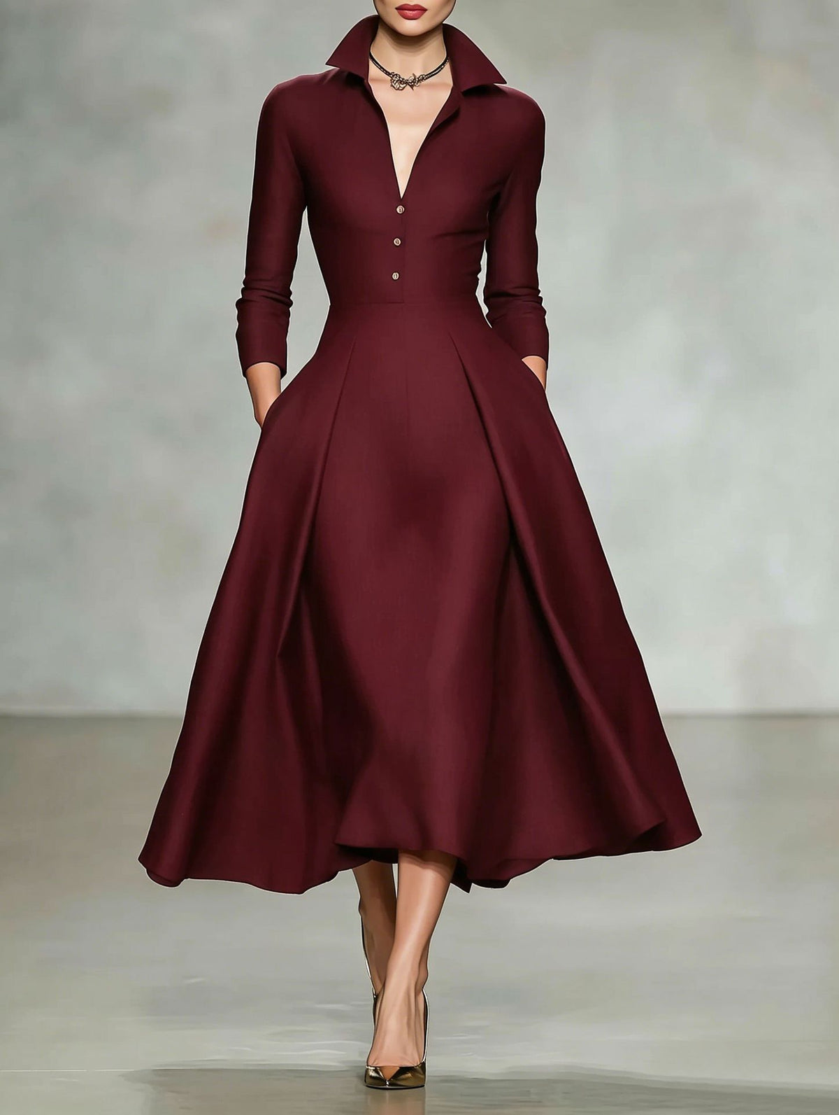 Vestido de manga larga con escote en V y cintura entallada