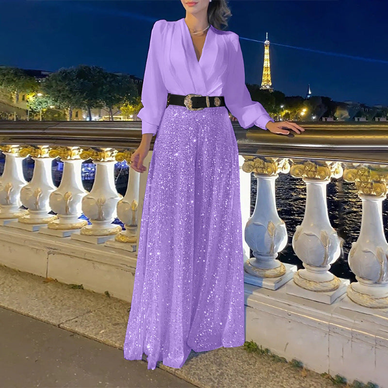 Conjunto elegante de blusa con escote en V y pantalón ancho de lentejuelas