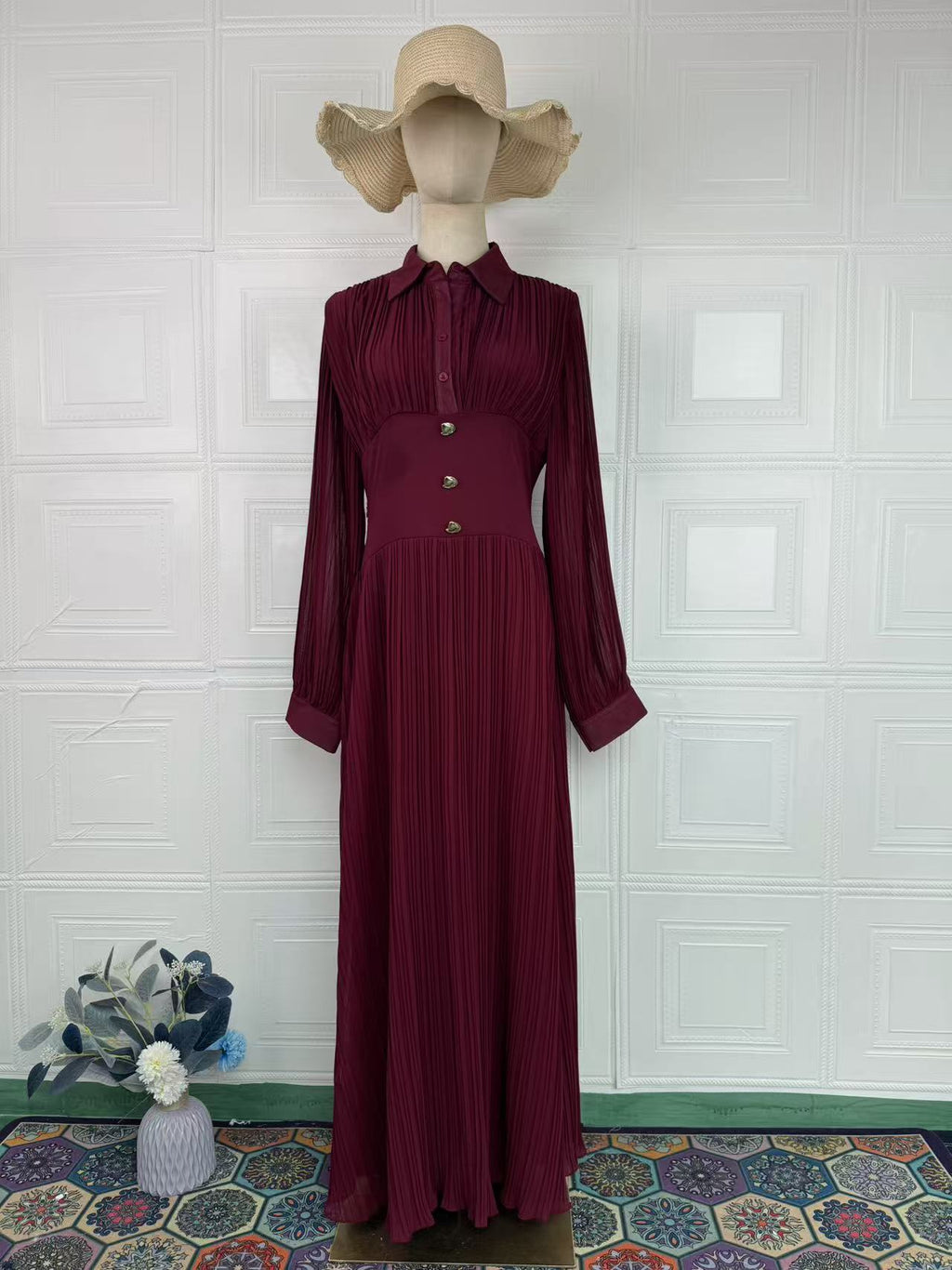 Vestido largo camisero de manga larga con cintura entallada