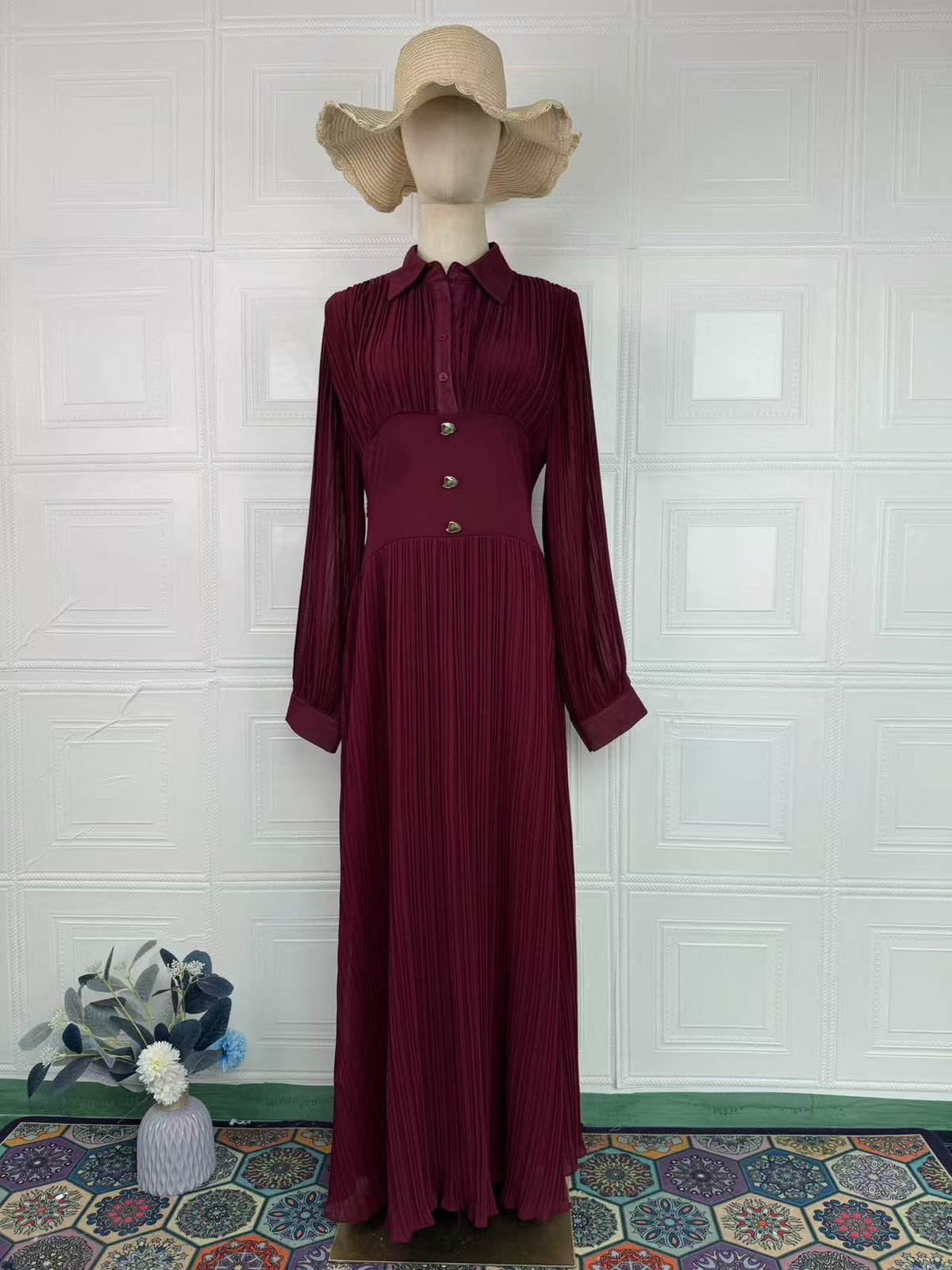 Vestido largo camisero de manga larga con cintura entallada