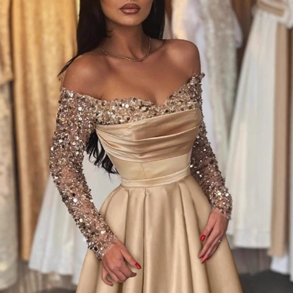 Vestido largo de noche con lentejuelas, escote profundo en V y manga larga