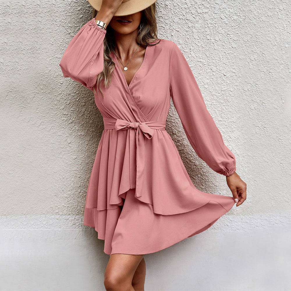 Vestido elegante de manga larga con escote en V y lazada