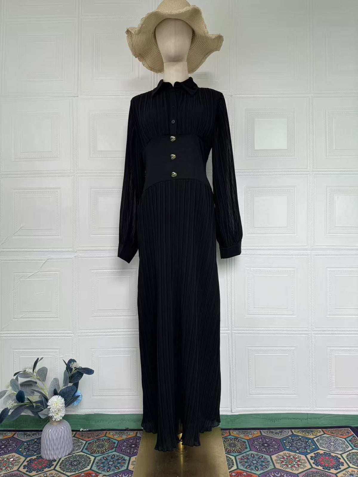 Vestido largo camisero de manga larga con cintura entallada