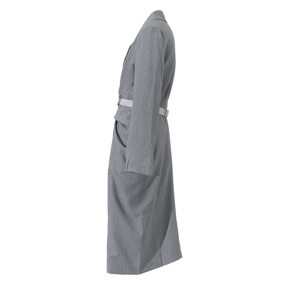Vestido largo gris de manga larga con cinturón anudado