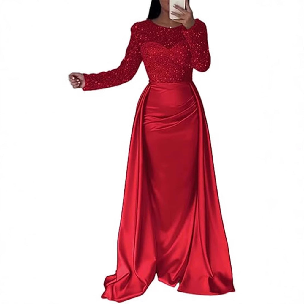 Vestido largo de noche con cuerpo de lentejuelas y falda satinada