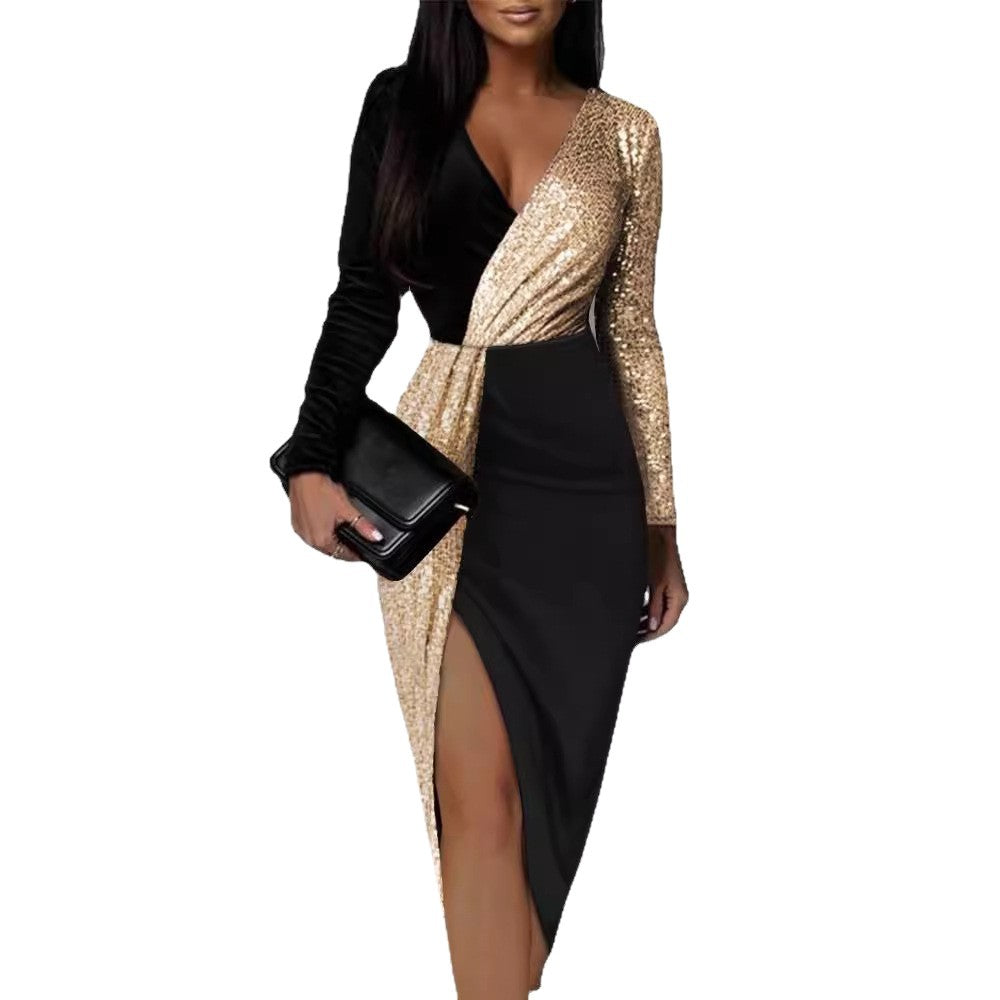 Vestido negro de manga larga con escote en V y lentejuelas