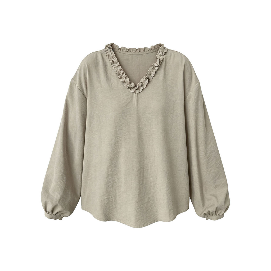 Blusa con escote en V, encaje y manga farol