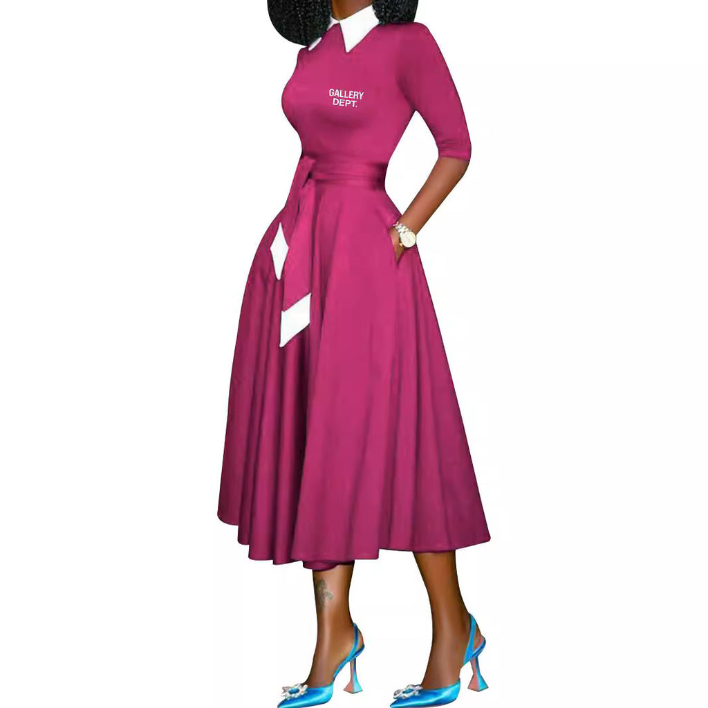 Vestido largo evasé elegante con cuello camisero